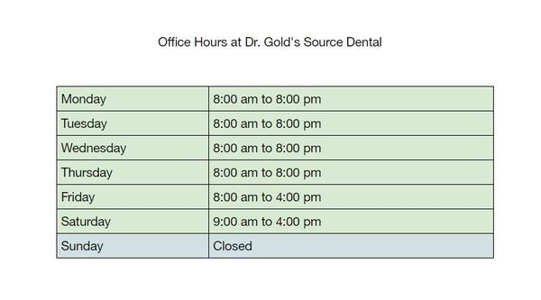 Office hours at Dr. Gold's Source Dental