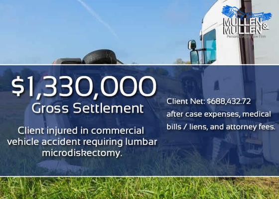 $1,330,000 Settlement for Client Injured by Commercial Truck Dri